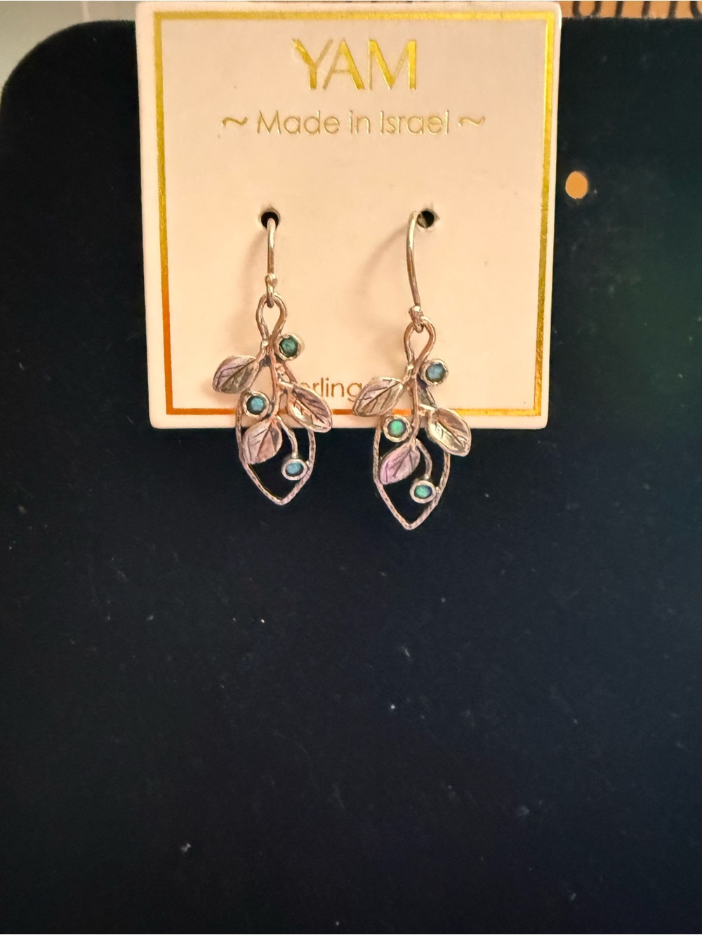 YAM Sterling Silver Leaf Earrings with Turquoise Accents. Made in Israel